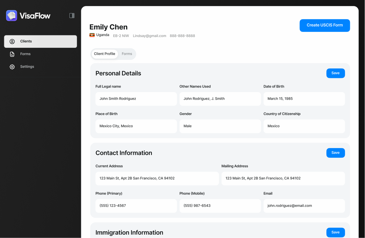 Client profile with document history